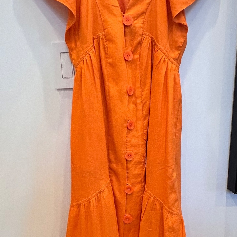 by Anthropologie Renee Dress XS Midi Orange Linen Flutter Sleeve - Picture 4 of 9